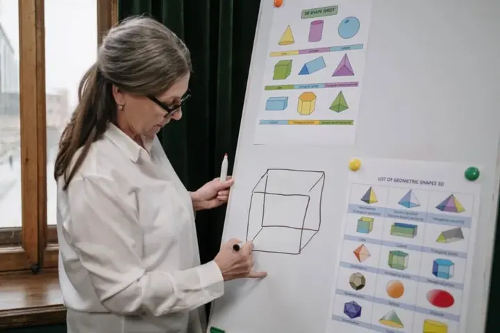 Senhora explicando um desenho no quadro